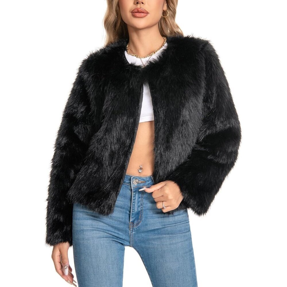 Women's Faux Fuzzy Jacket Fluffy Long Sleeve Winter Coat with Pockets Black